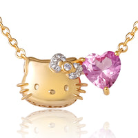 Hello Kitty Face and Heart Necklace 18", Yellow Gold-Plated Sterling Silver with Created Pink & White Sapphire, Official License
