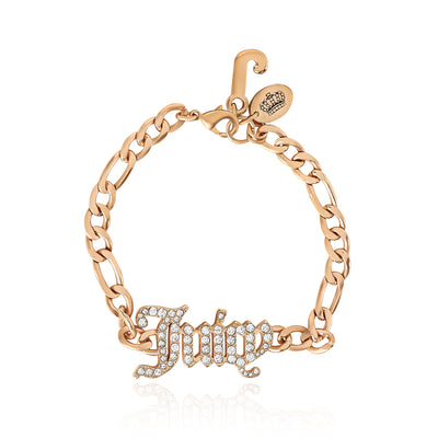 Juicy Couture Gothic Logo Pendant Bracelet for Women 7.5", Gold-Tone Juicy Bracelet with Logo Charms and Clear Stones