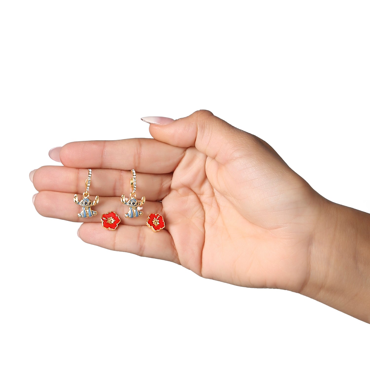 Disney Stitch Earrings 2-Pack, Hibiscus Studs and Stitch Charm Huggie Hoops