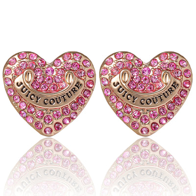 Juicy Couture Logo Heart Stud Earrings for Women with Pink Stones, Juicy Couture Earrings Gold Tone