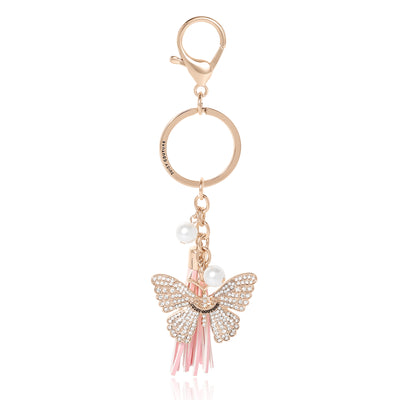 Juicy Couture Butterfly Keychain for Women with Clear Crystals, Cute Key Chain with Pink Tassel and Faux Pearls