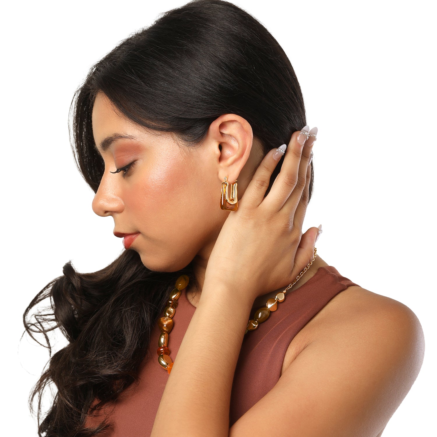 Jessica Simpson Square Hoop Earrings for Women, Amber Brown and Gold-Tone Thick Earrings Drop