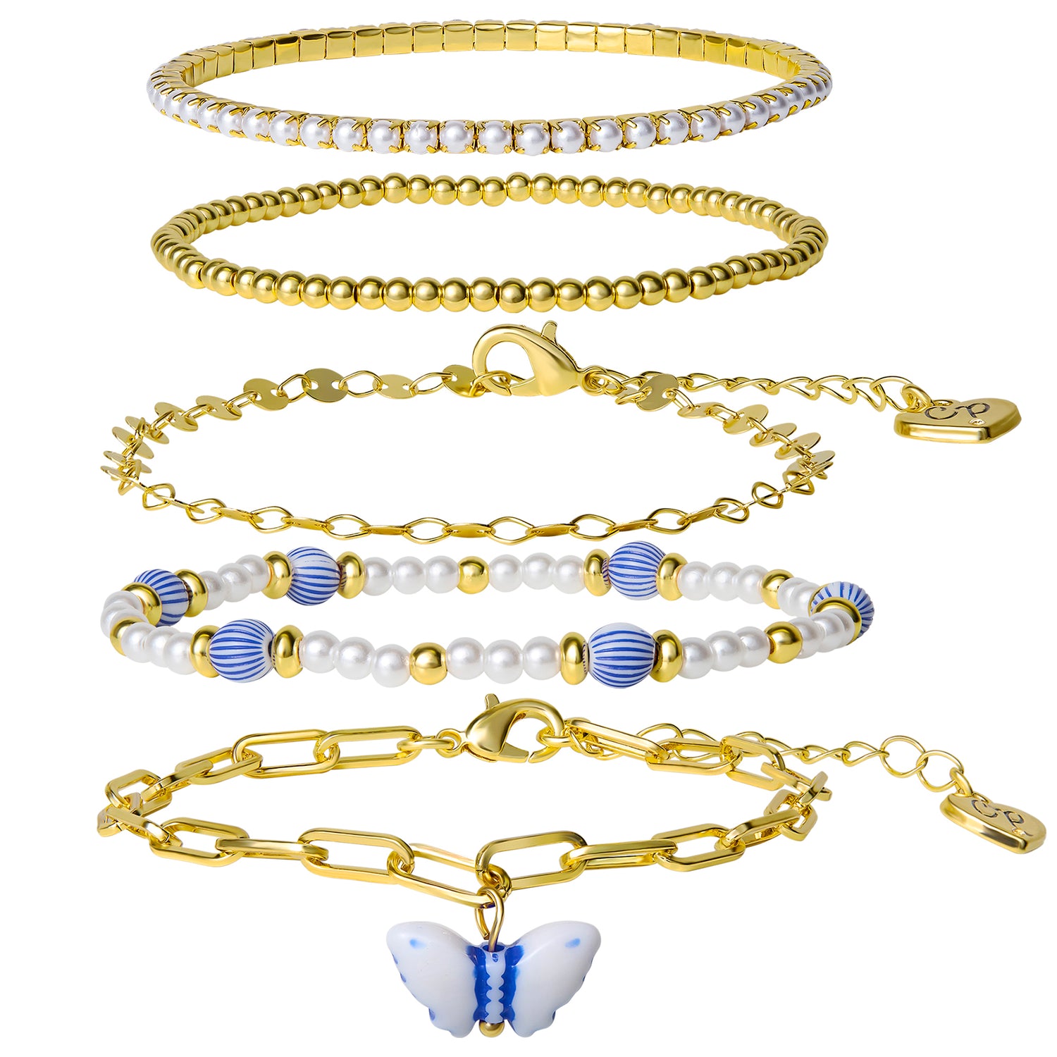 Celebrity Pink Gold-Tone Chain and Stretch Bracelets for Women 5-Piece Set