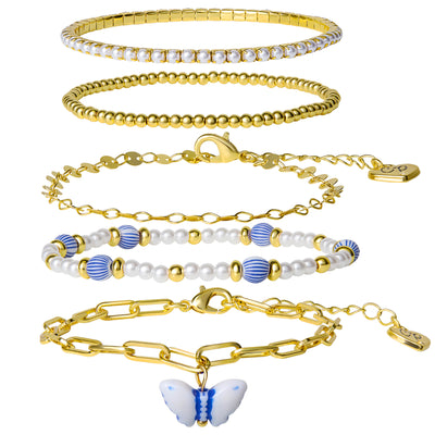 Celebrity Pink Gold-Tone Chain and Stretch Bracelets for Women 5-Piece Set