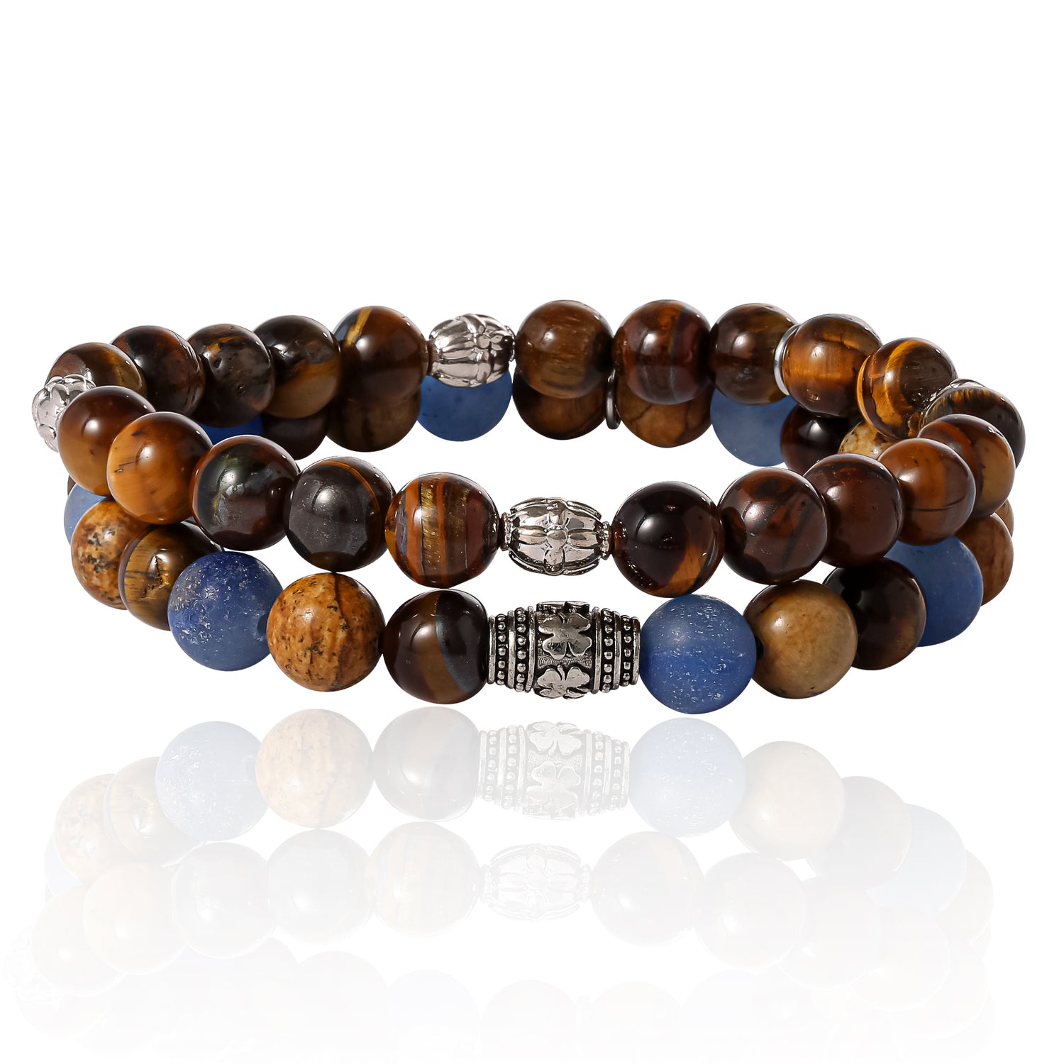 SALLY ROSE Lucky Brand Jewelry Mens Beaded Bracelets 2 Pcs, Stretch Mens Bracelets Beads 8mm Tigers Eye, Sodalite, and Picture Jasper