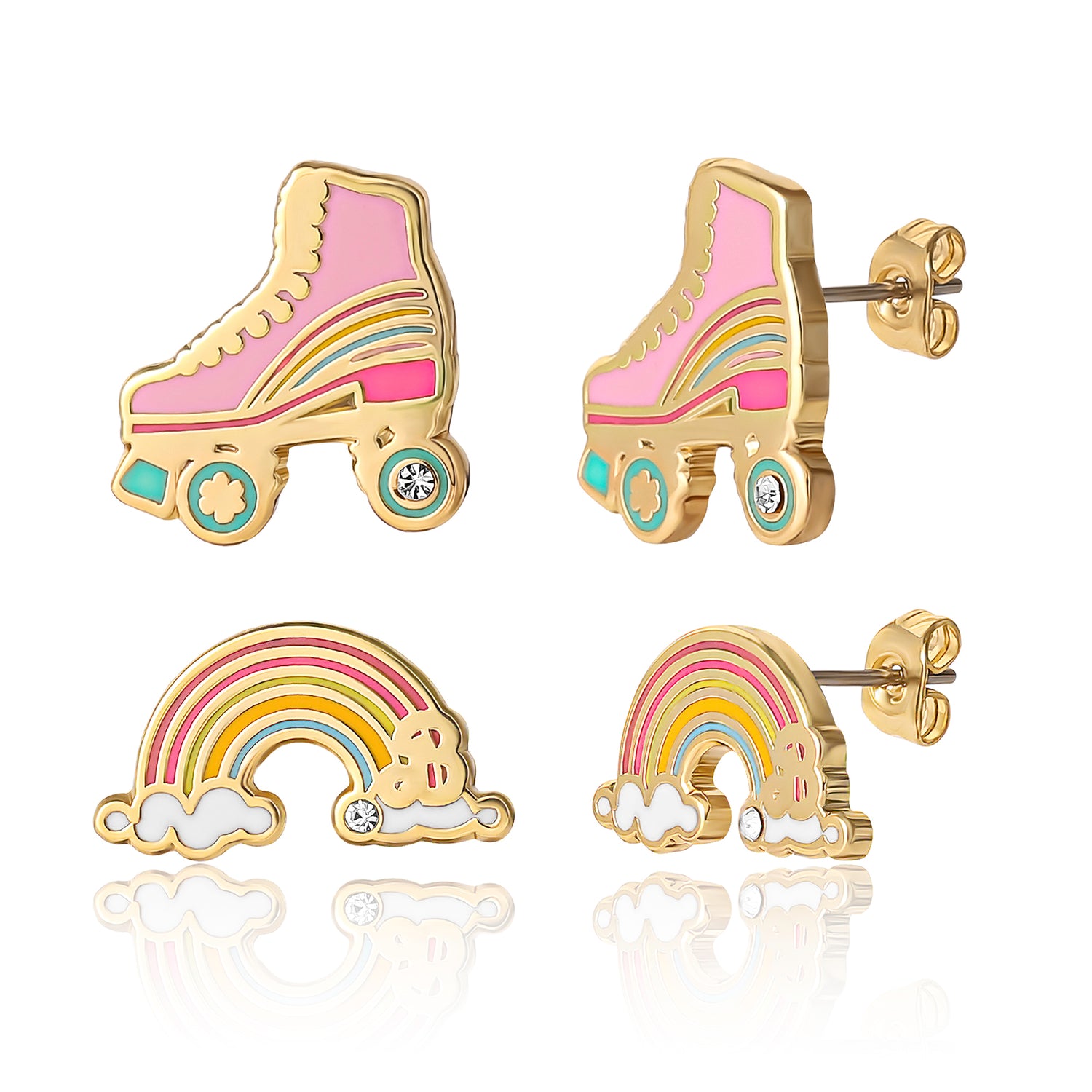 Barbie Skates and Rainbow Stud Earrings 2-Pack Official License, 18k Gold Flash-Plated Barbie Earrings with Crystal Accent