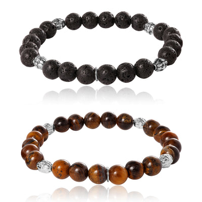 Lucky Brand Beaded Bracelets – Tiger's Eye & Lava Matte Black Stone Stretch Set