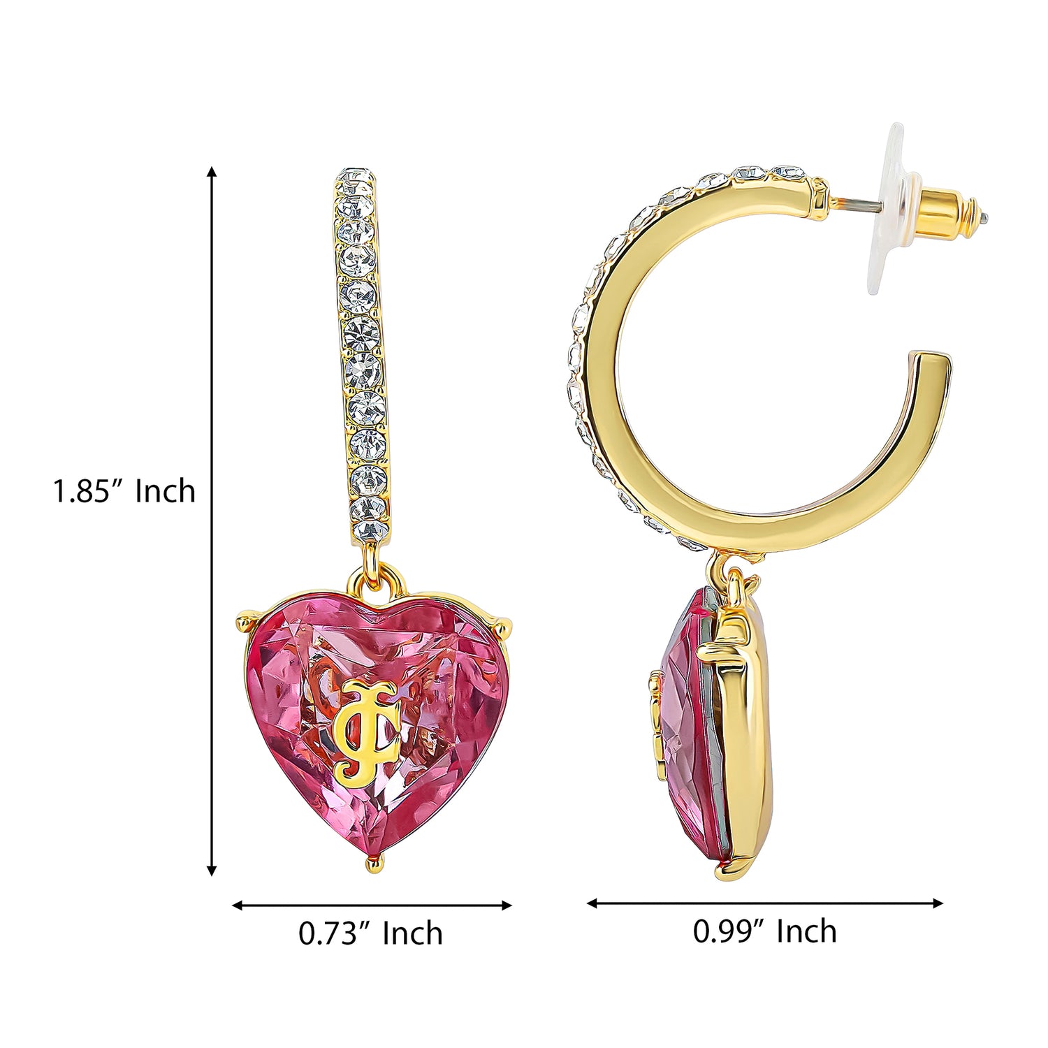 Juicy Couture Heart Charm Hoop Earrings for Women, Colored & Clear Stones - Pink