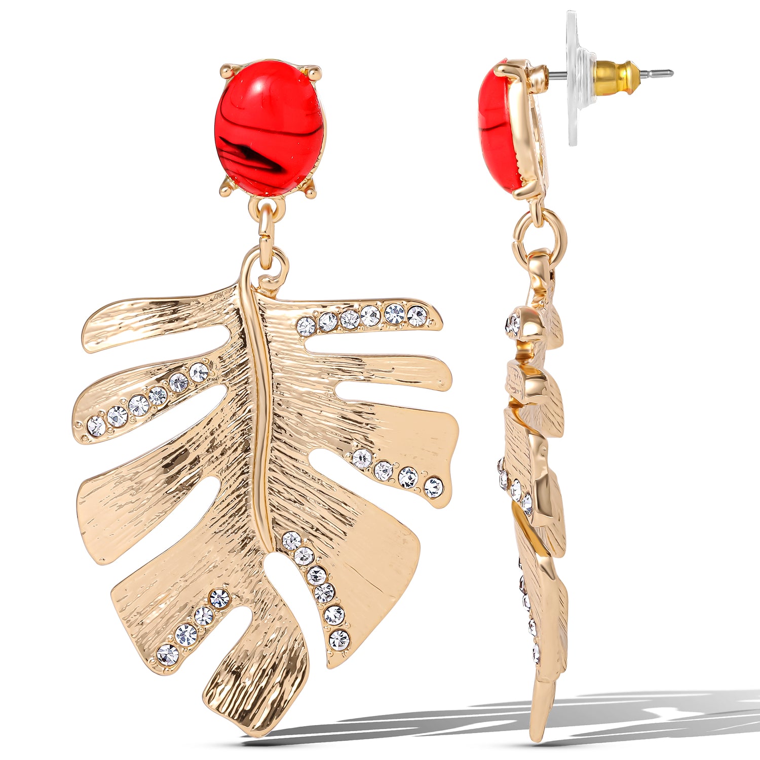 Jessica Simpson Gold-Tone Tropical Leaf Drop Earrings with Red Accents – Statement Earrings with Crystal Detailing