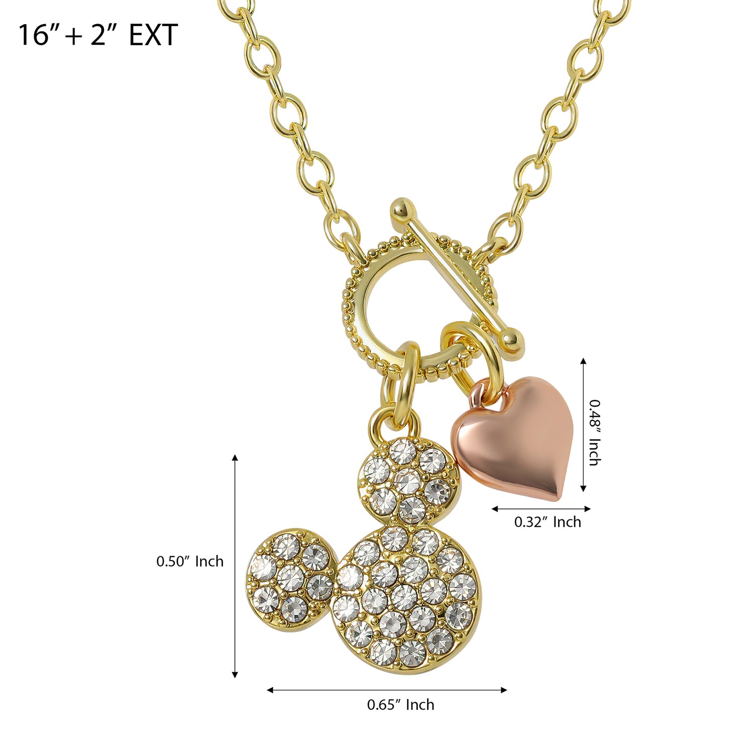 Disney Mickey Mouse Necklace 16" + 2", Gold Tone, Clear Crystals