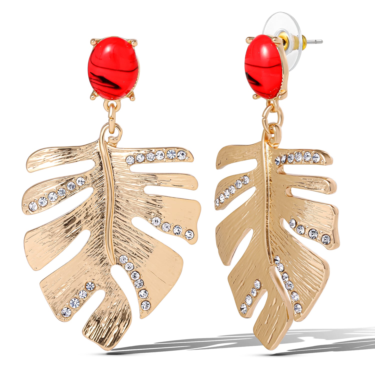 Jessica Simpson Gold-Tone Tropical Leaf Drop Earrings with Red Accents – Statement Earrings with Crystal Detailing