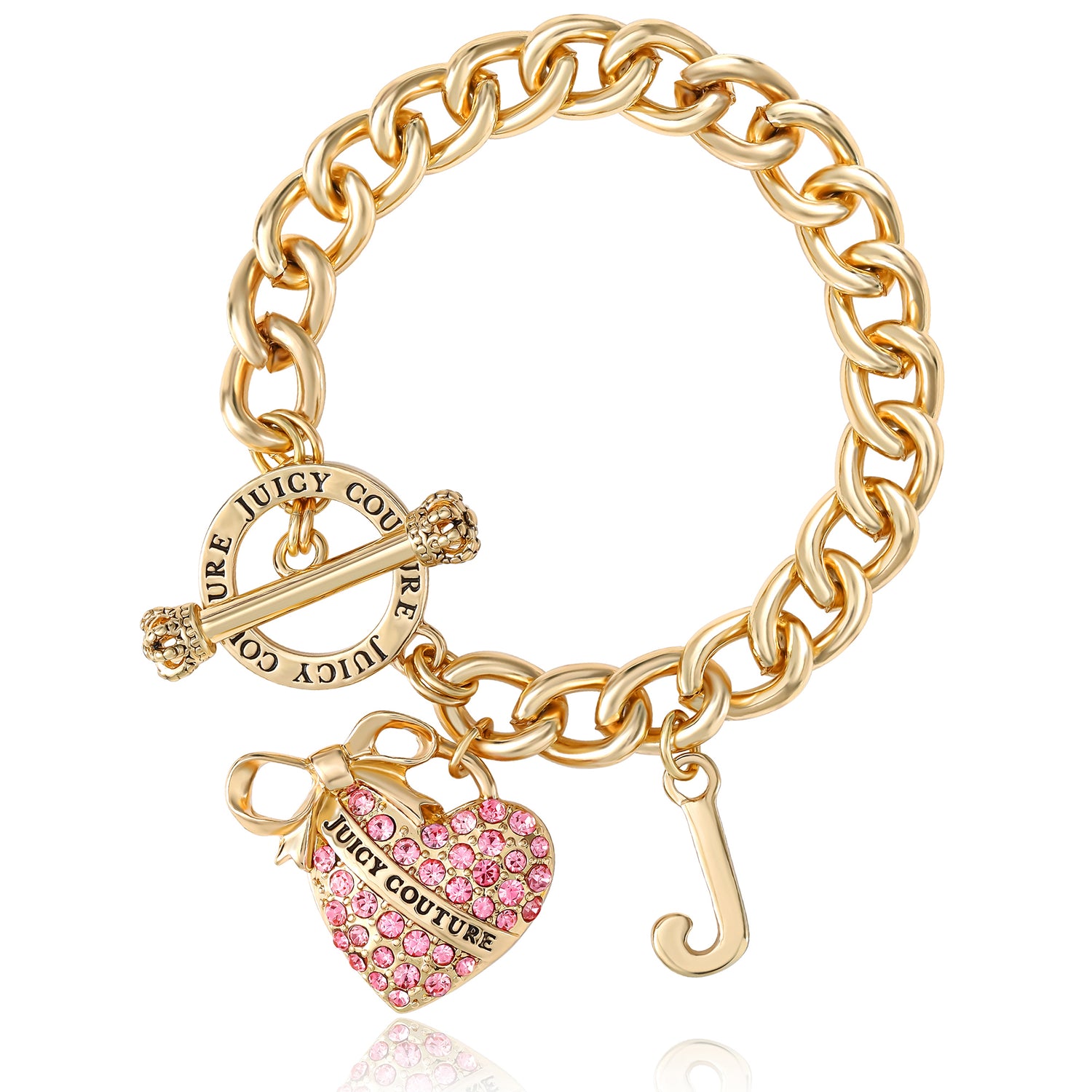 Juicy Couture Pink Pavé Heart Toggle Bracelet, Gold‑Tone Curb Chain