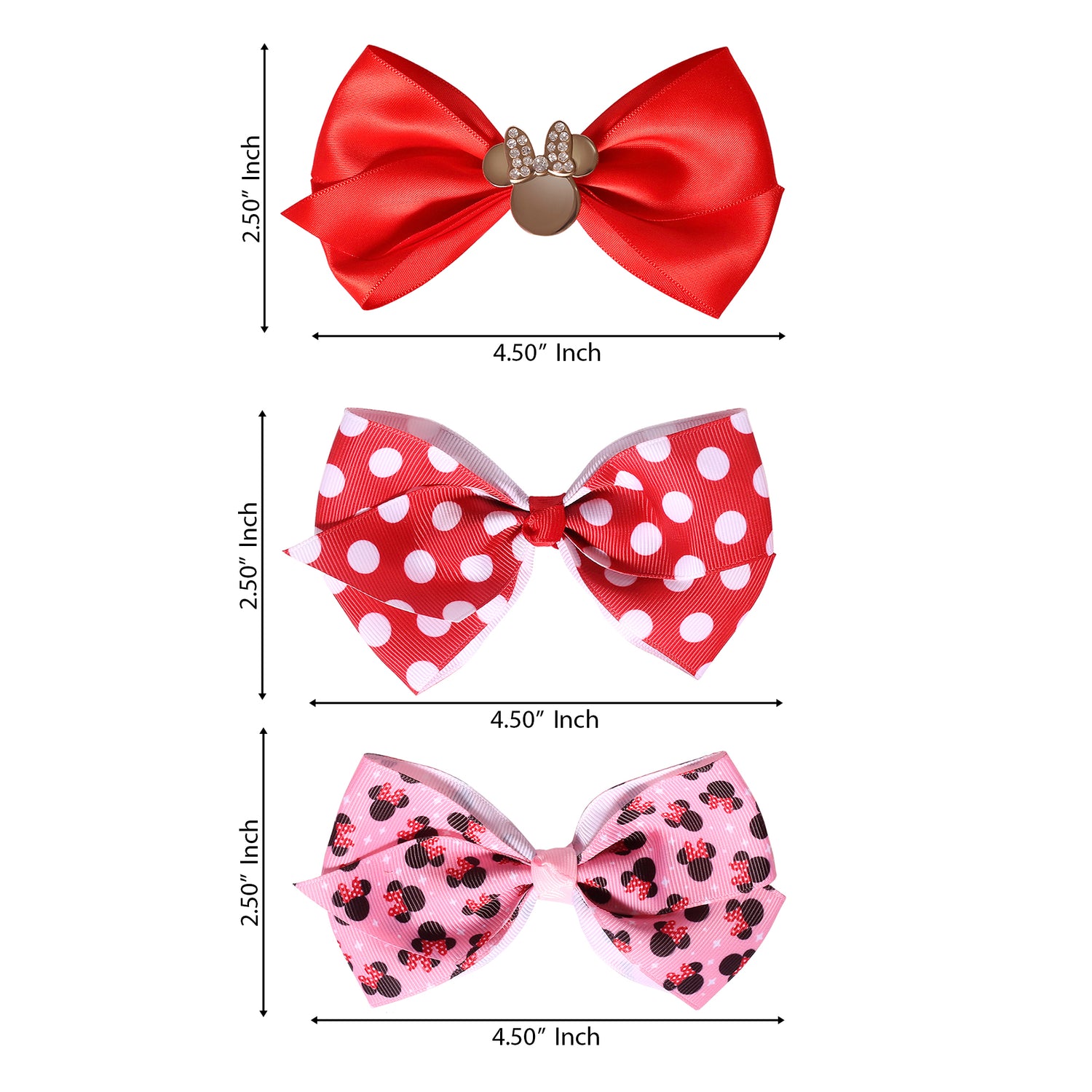 Minnie Mouse Bow for Hair 3-Piece Official License, Pink and Red Hair Bows