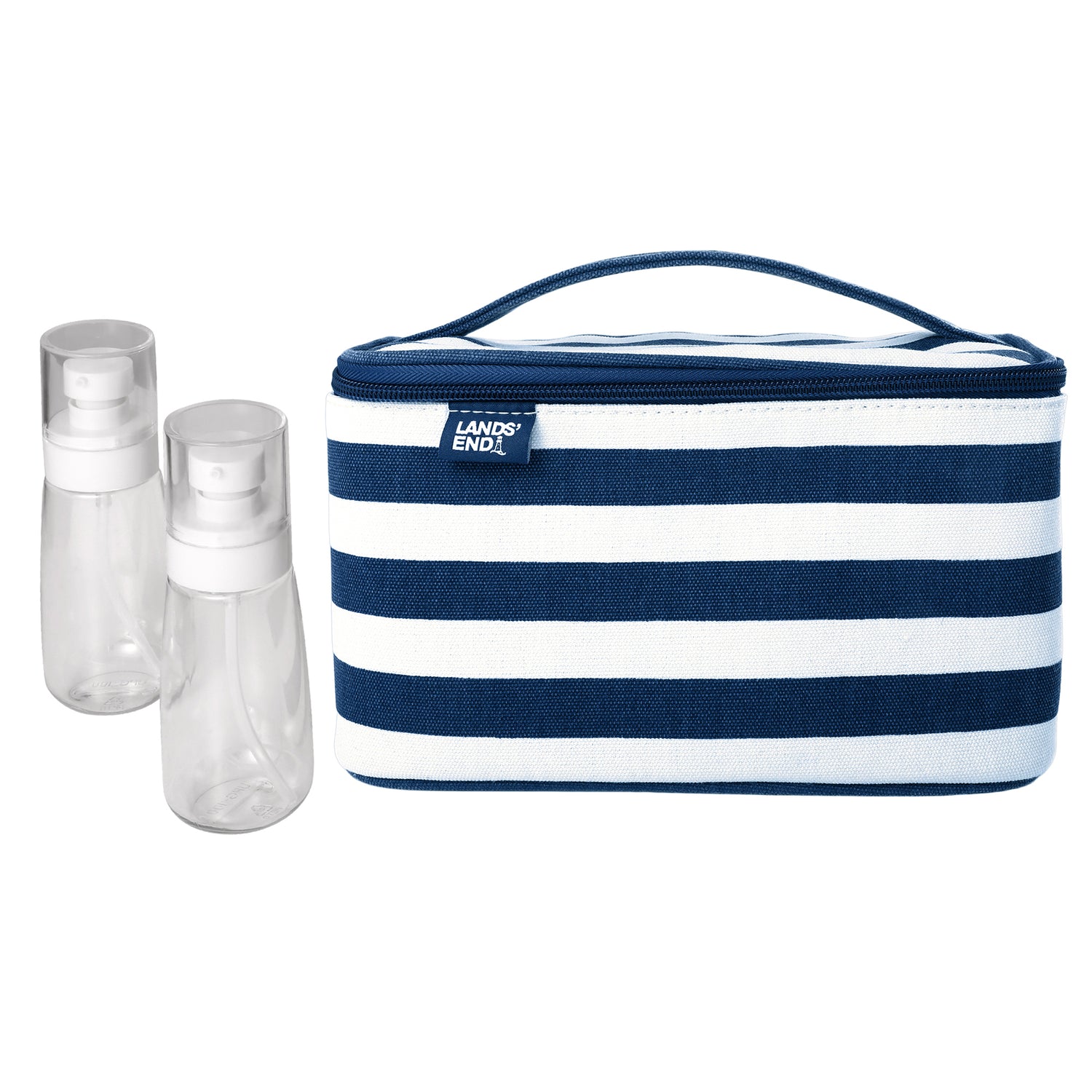 Lands' End Large Makeup Bag Train Case with 2 100 ML Plastic Travel Bottles, Soft-Sided Cosmetic Travel Bag - Navy Stripe