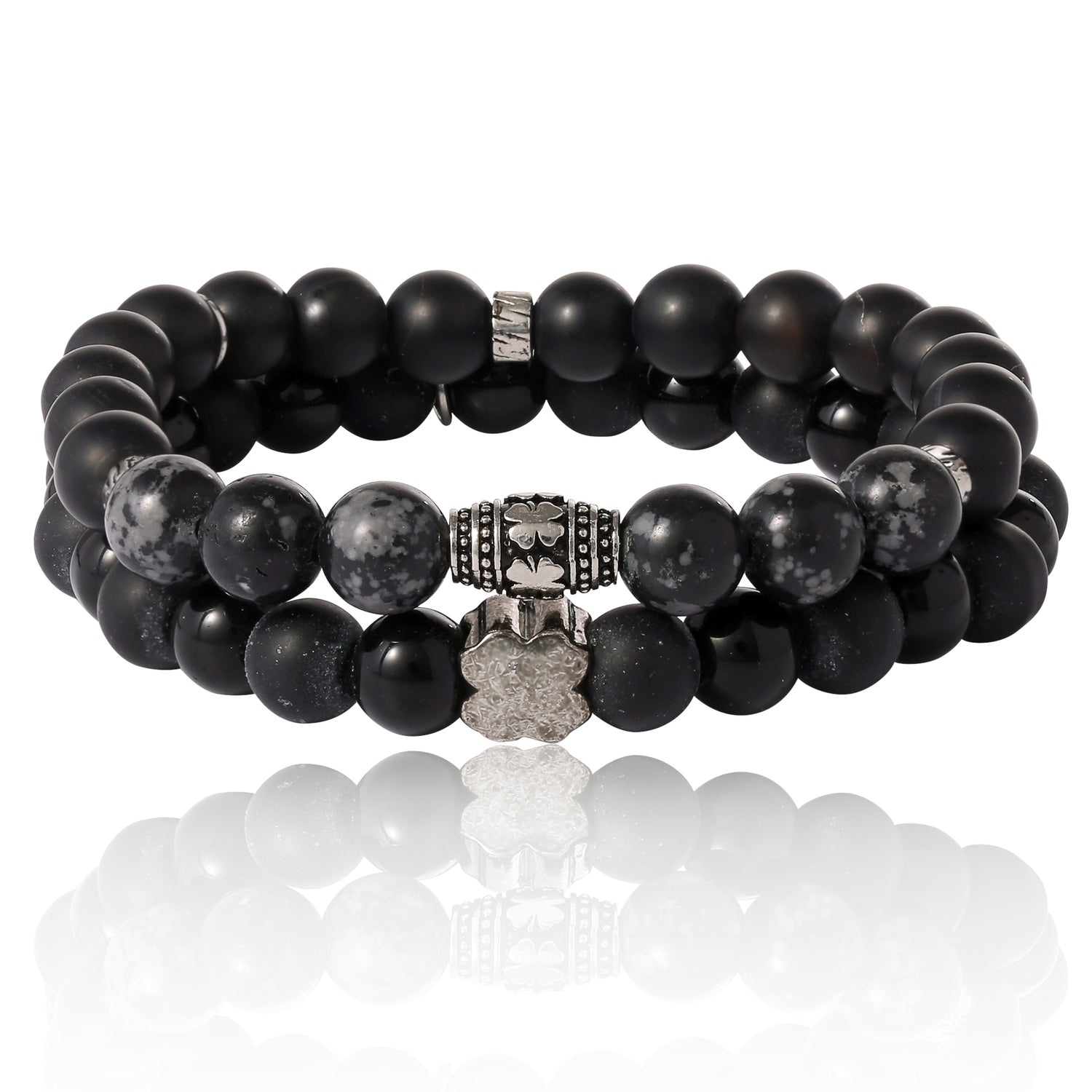 SALLY ROSE Lucky Brand Mens Beaded Black Bracelet 2 Pieces, Stretch Mens Bracelets Beads 8mm Black Onyx and Green Malachite