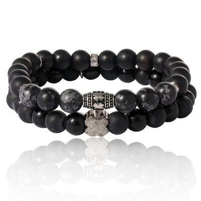 SALLY ROSE Lucky Brand Mens Beaded Black Bracelet 2 Pieces, Stretch Mens Bracelets Beads 8mm Black Onyx and Green Malachite