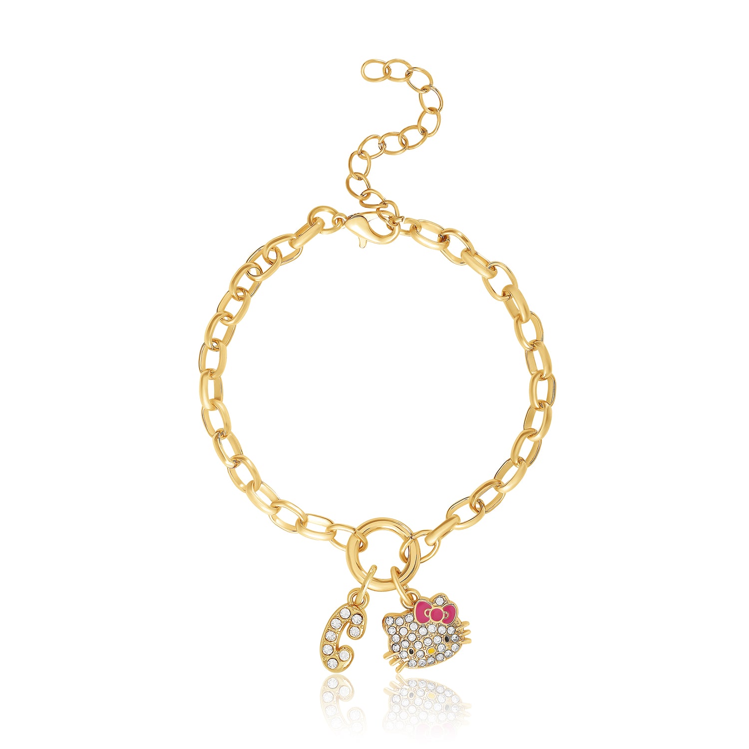 Hello Kitty Initial Crystal Charm Bracelet, Gold‑Tone, Adjustable - C