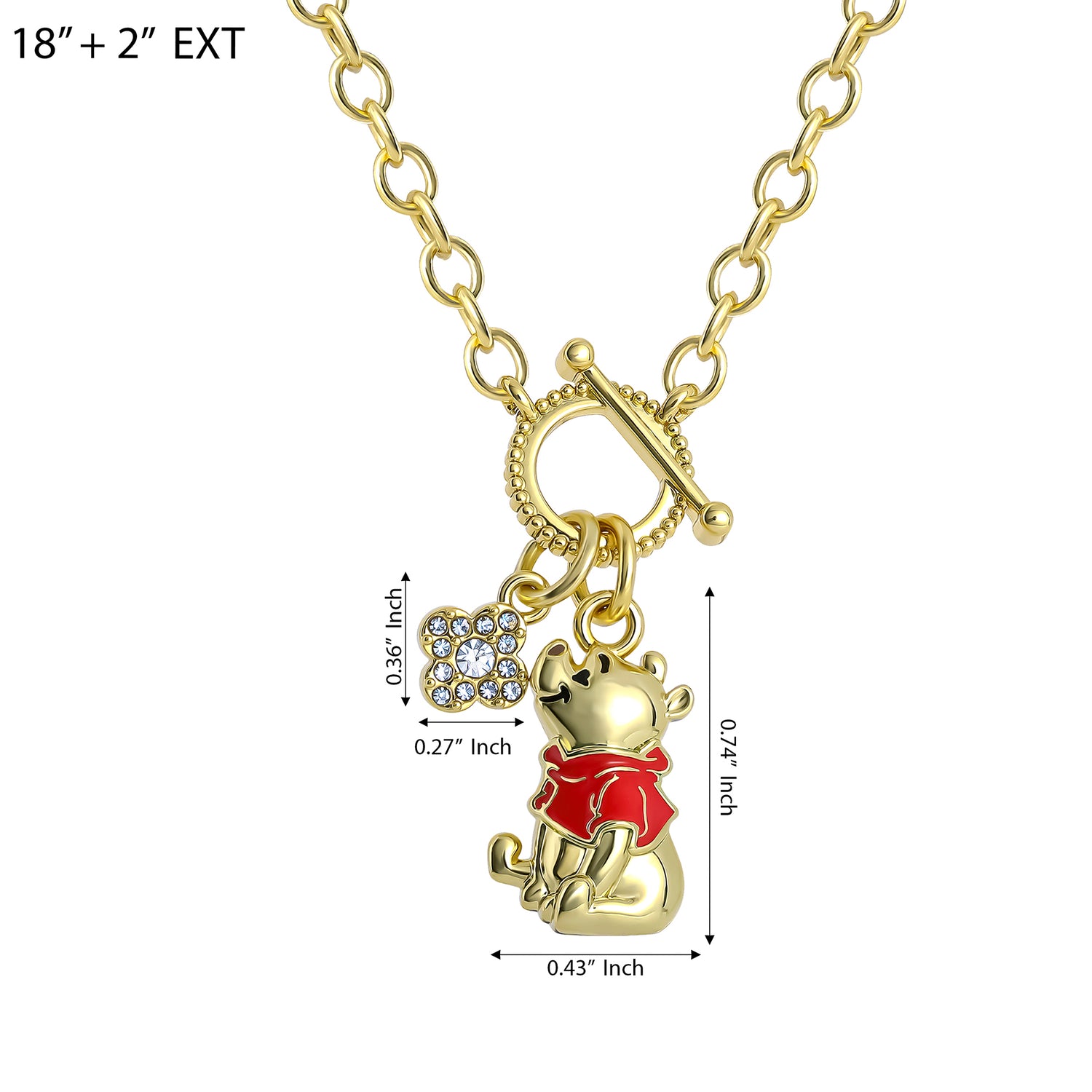 Winnie the Pooh Charm Necklace for Women, 18k Gold Flash Plate, 18"+2"