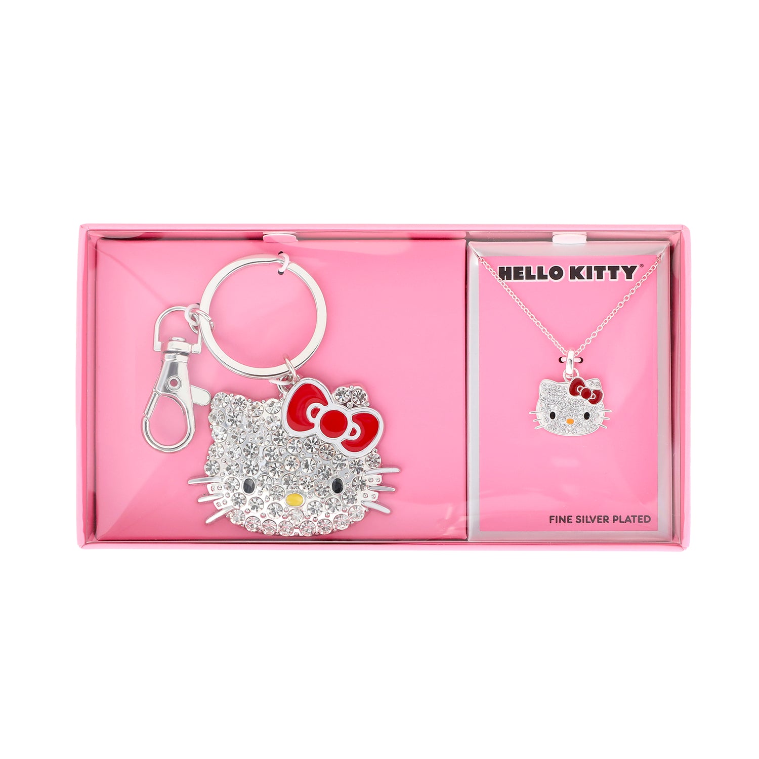 SALLY ROSE Hello Kitty Keychain and Necklace Set for Women Official License, Crystal Pave Sanrio Pendant Necklace and Key Chain
