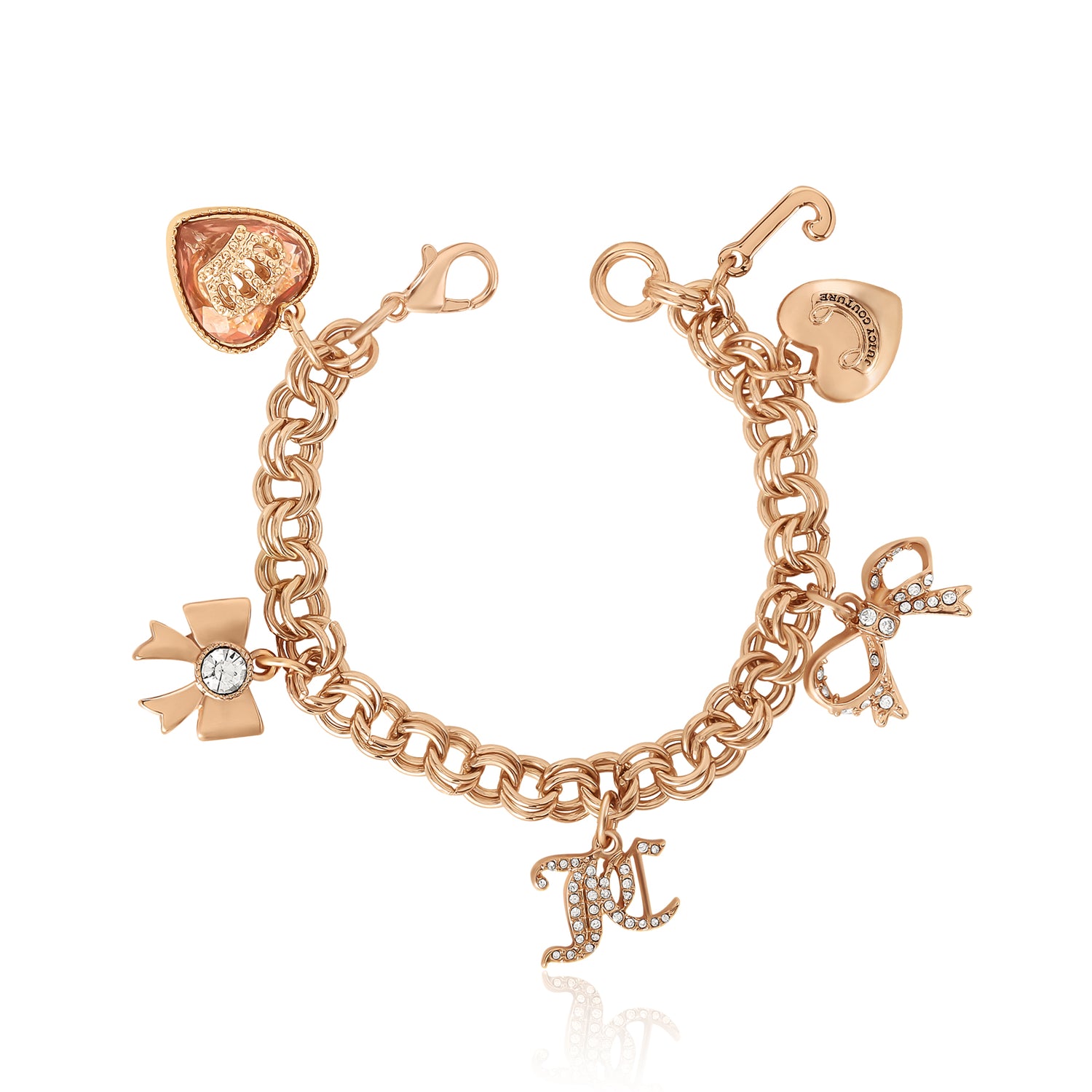 Juicy Couture Gold-Tone Charm Bracelet, Crystal Bow & Logo Charms, 7"