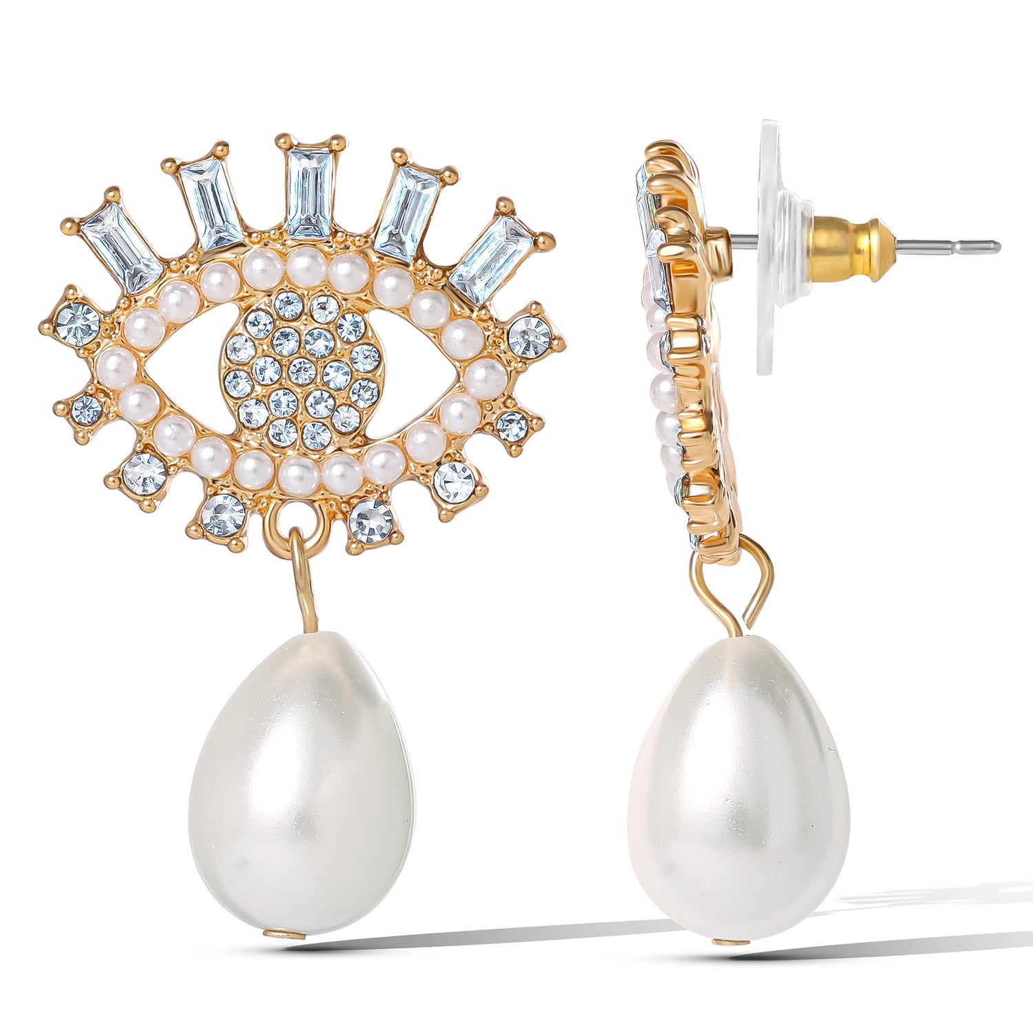 Jessica Simpson Gold-Tone Evil Eye Pearl Drop Earrings