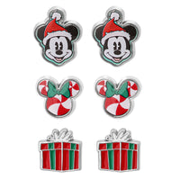 Disney Holiday Stud Earring Set, 3 Pairs - Mickey Santa, Peppermint Ears & Gifts, Silver‑Tone
