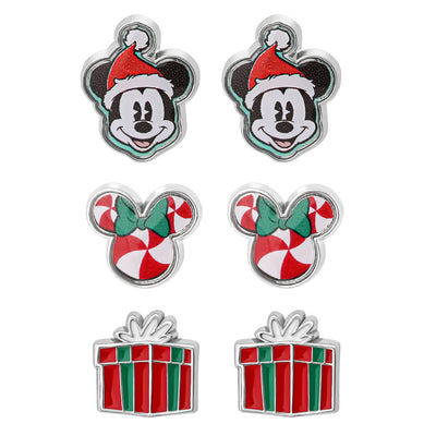Disney Holiday Stud Earring Set, 3 Pairs - Mickey Santa, Peppermint Ears & Gifts, Silver‑Tone