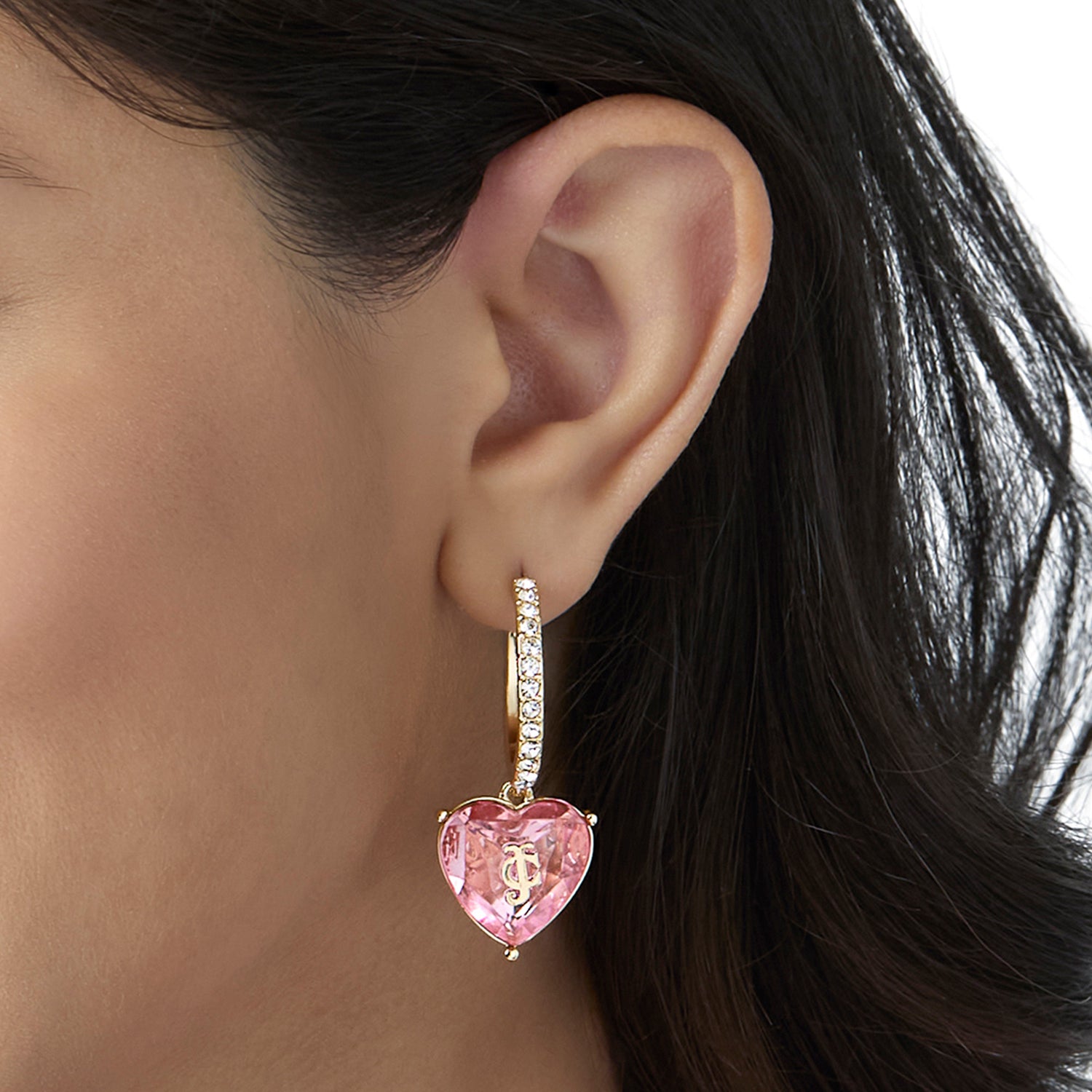 Juicy Couture Heart Charm Hoop Earrings for Women, Colored & Clear Stones - Pink