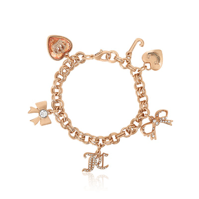 Juicy Couture Charm Bracelet for Women with Clear Stones, 7" Goldtone Bracelet Featuring 6 Bow and Logo Charms