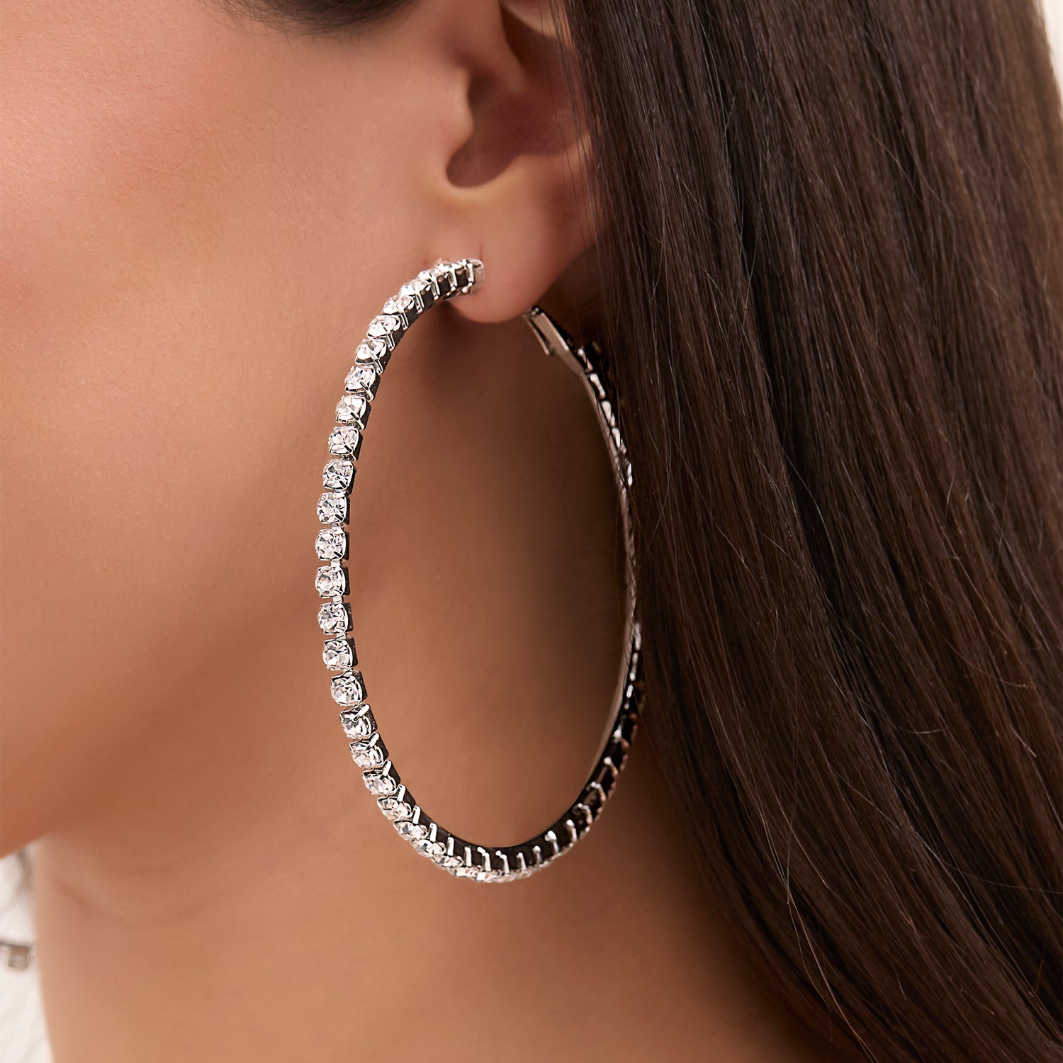 Jessica Simpson Women's Large Hoop Earrings with Crystal Embellishments, Thin Hoop Earrings for Women, Silver Hoops