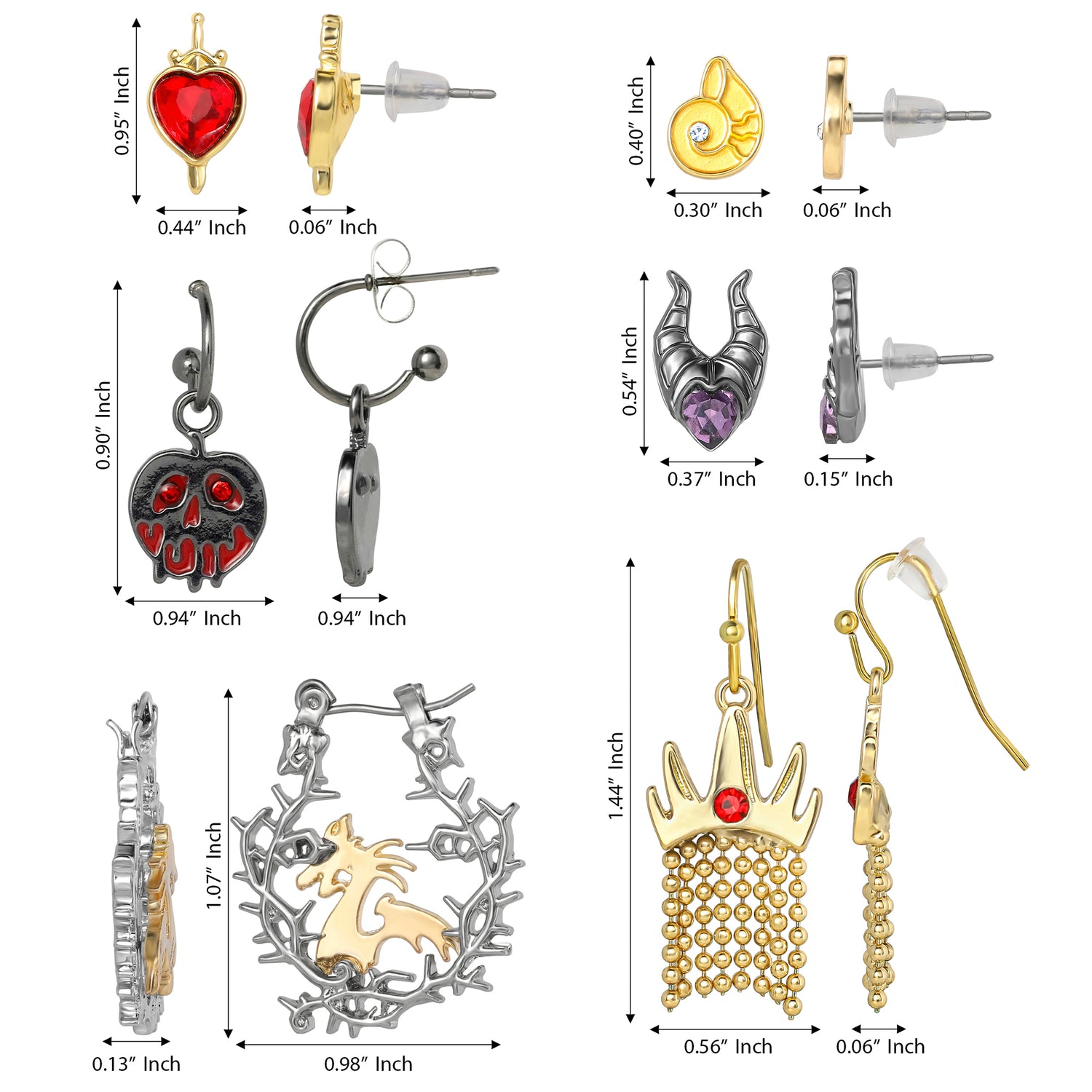 Disney Villains Earrings for Women Official License, 6-Pack