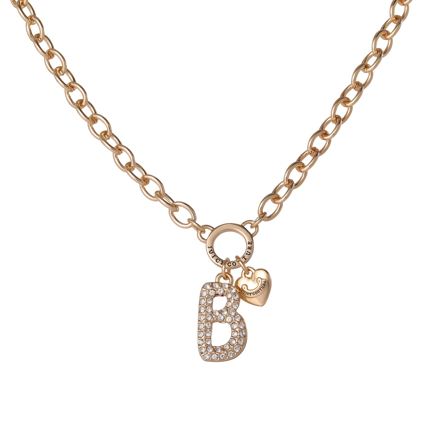 Juicy Couture Bubble Letter Necklace for Women with Clear Stones 18"+2", Chunky Initial Necklace Gold-Tone - B