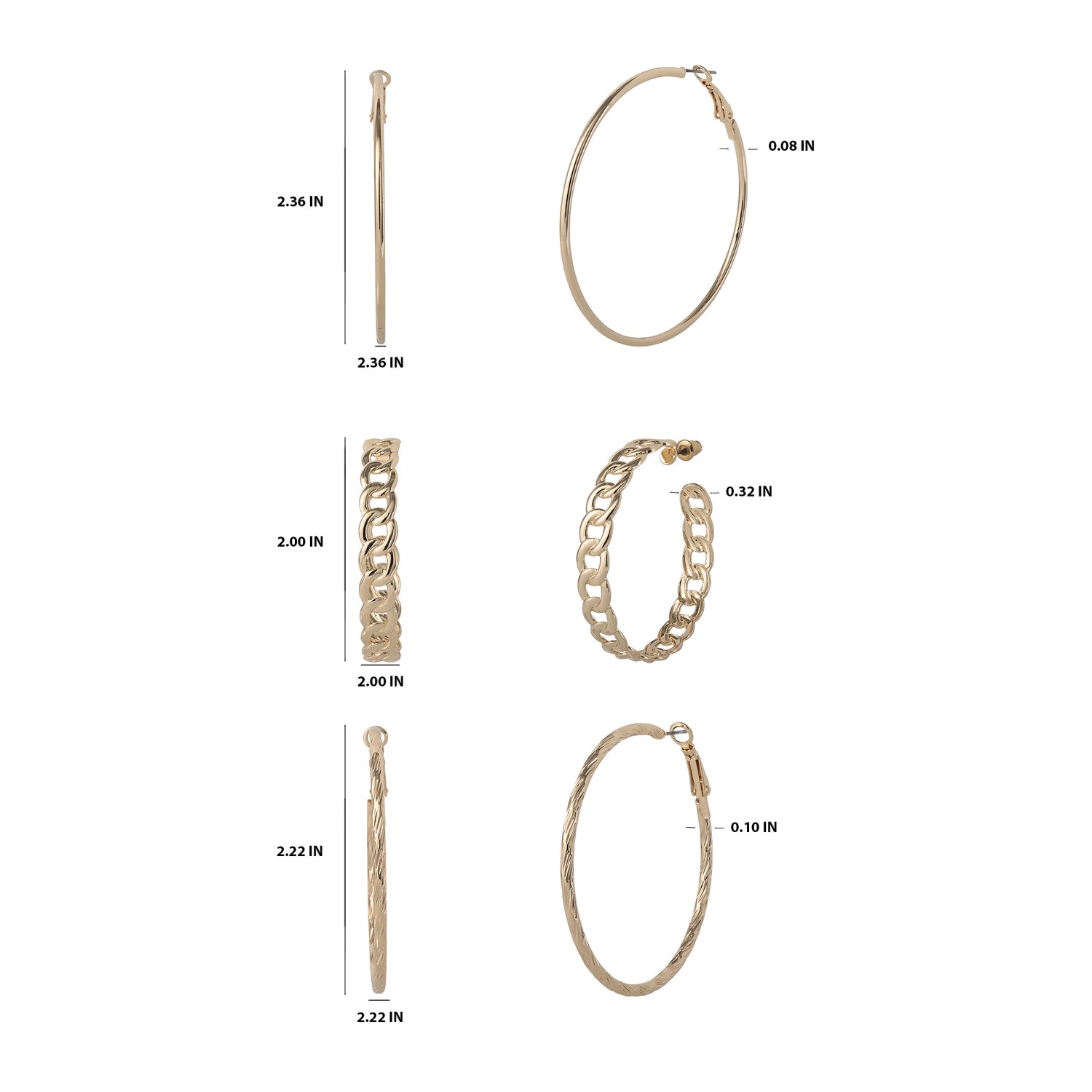 Jessica Simpson 3-Piece Hoop and Chain Hoop Earring Set in Gold-Tone