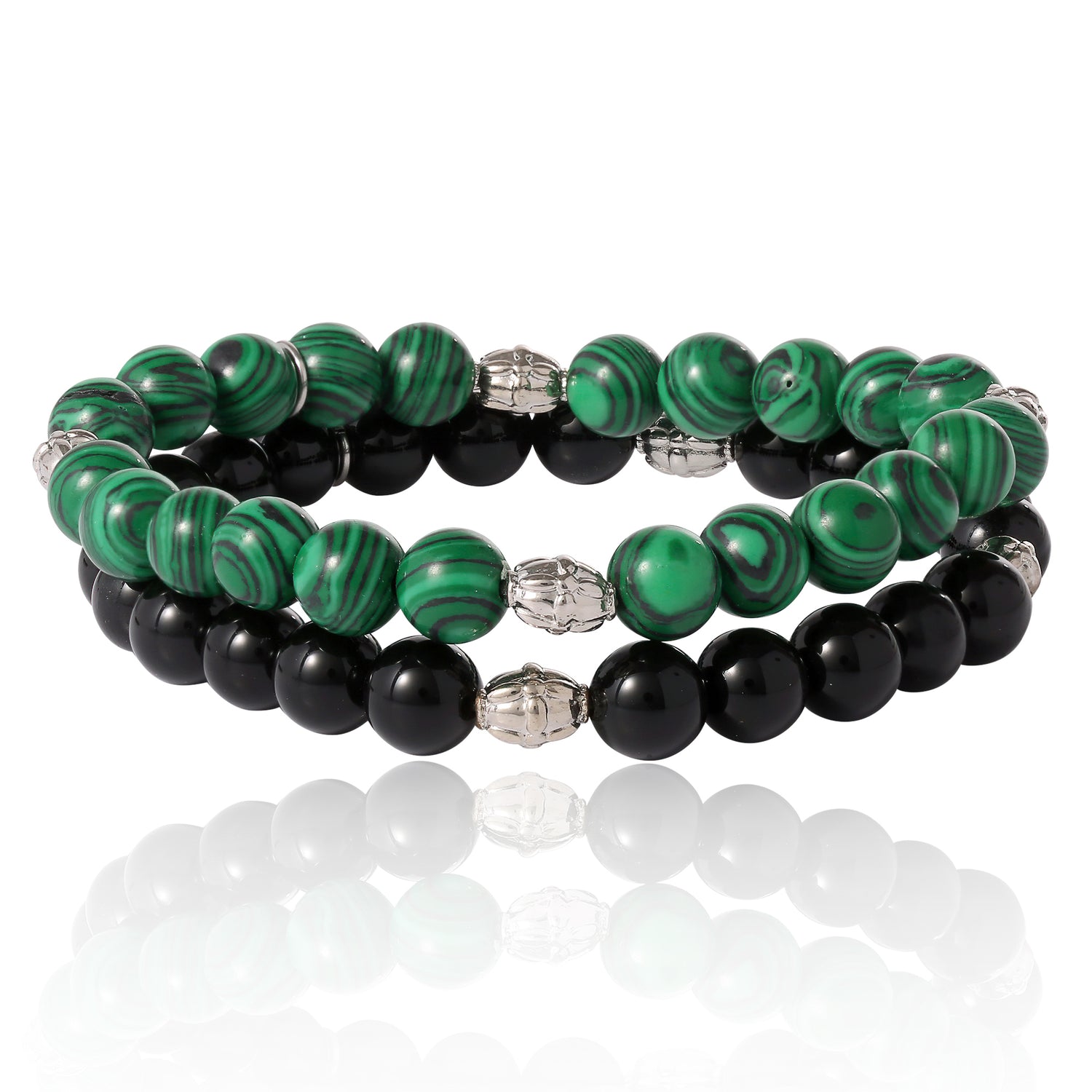 SALLY ROSE Mens Beaded Black Bracelet 2 Pieces, Stretch Mens Bracelets Beads 8mm Black Onyx and Snowflake Obsidian