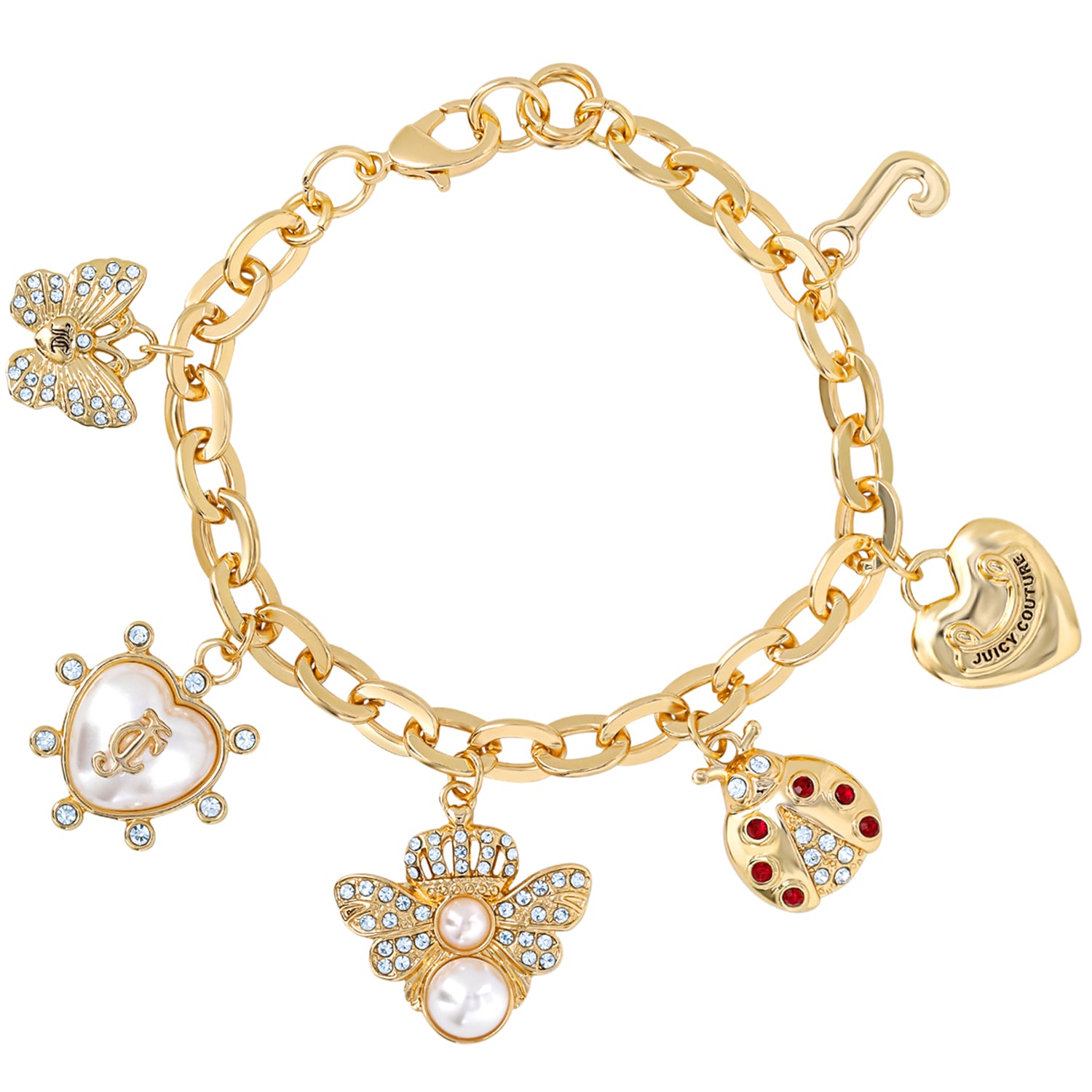 Juicy Couture Pearl & Icon Charm Bracelet, Gold‑Tone Link with Faux Pearls