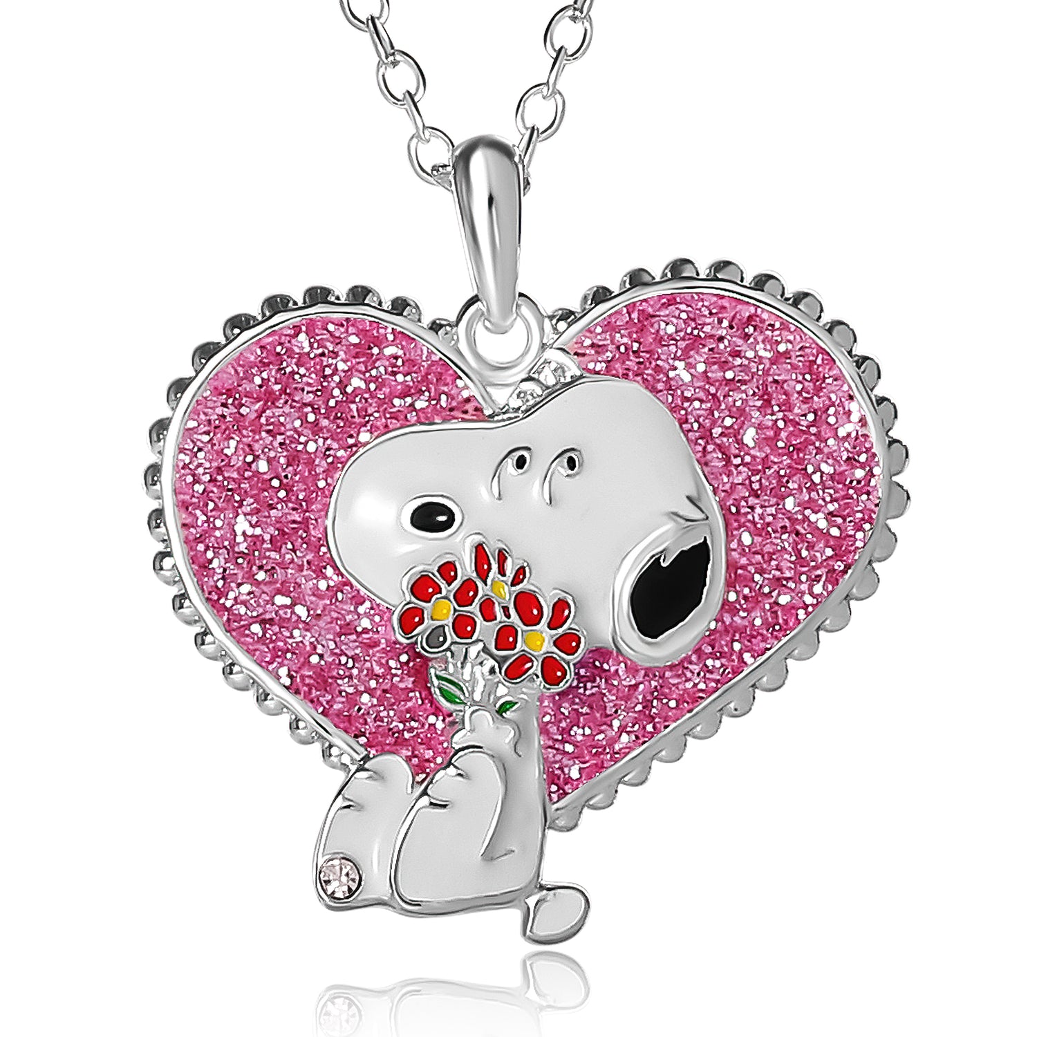Peanuts Snoopy Necklace for Women Official License, 16+2 Silver Flash-Plated Heart Necklace with Pink Glitter and Crystal