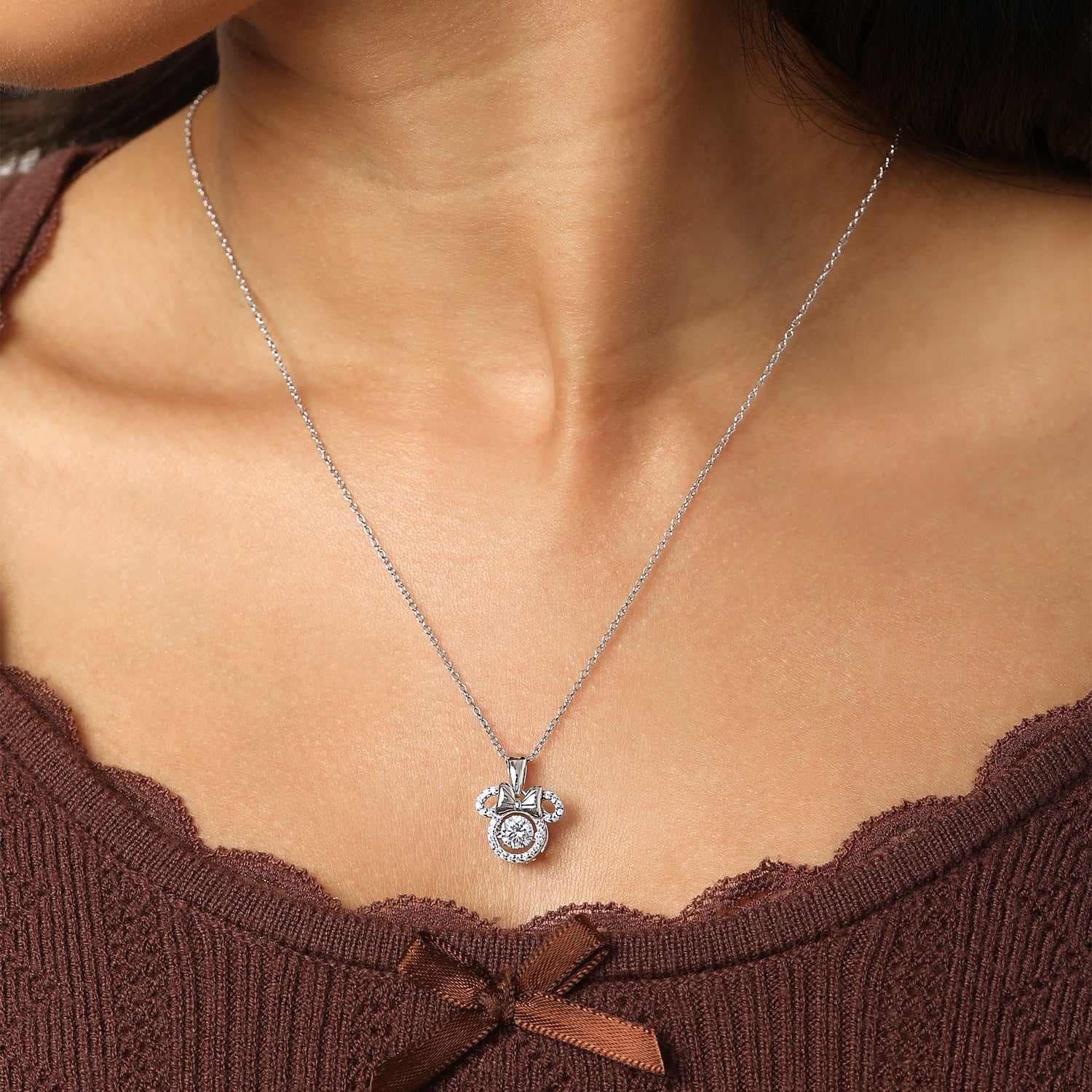 Disney Minnie Mouse Sterling Silver Dancing Cubic Zirconia Pendant Necklace