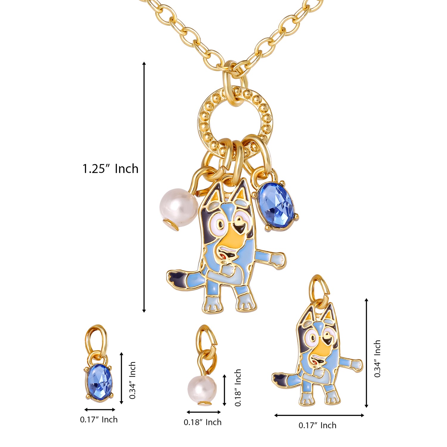 Bluey Charm Necklace Official License, 16"+2" 18k Gold Flash-Plated Necklace with 3 Dangle Charms