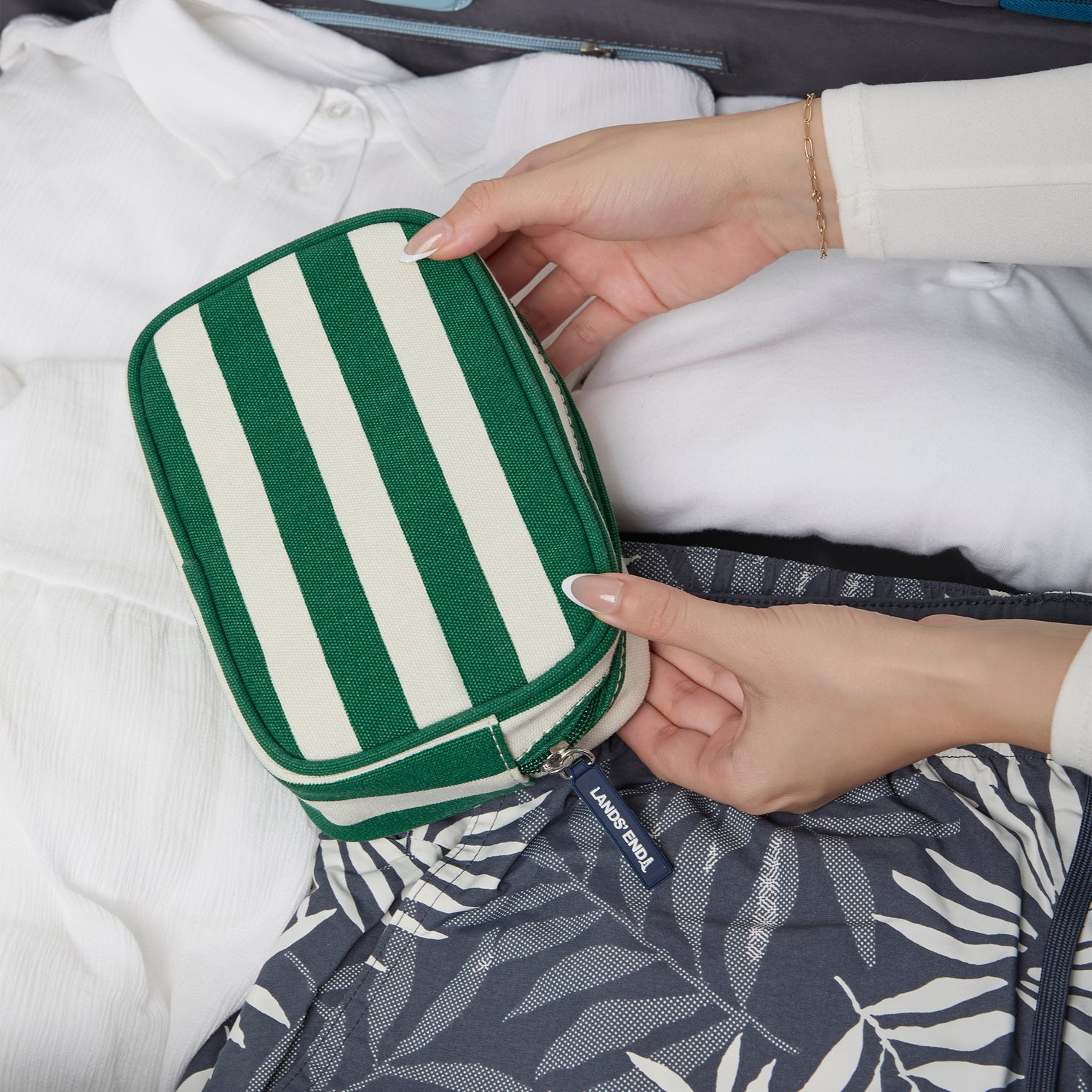 Lands' End Medium Rectangular Dopp Kit for Travel, Striped Canvas Toiletry Bag with Top Zip (Kelly Green Stripe) - Kelly Green Stripe