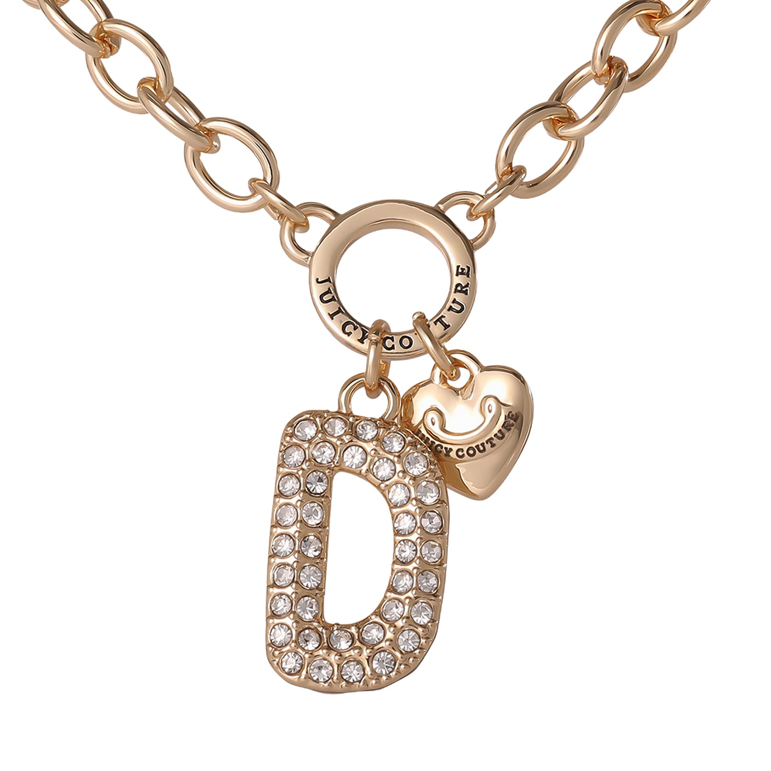 Juicy Couture Bubble Letter Necklace for Women with Clear Stones 18"+2", Chunky Initial Necklace Gold-Tone - D