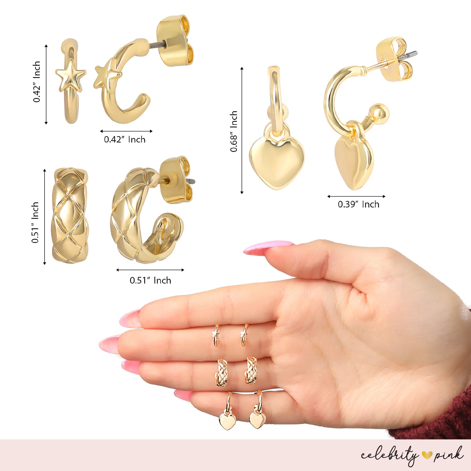 Celebrity Pink Gold-Tone Hoop Earrings for Women 6-Pack with Rhinestones | Small Hoops Yellow Gold-Tone, Rhinestone Accents, Dangling Heart Charm, Star Pendant, Huggie Earrings, 6 Different Pairs