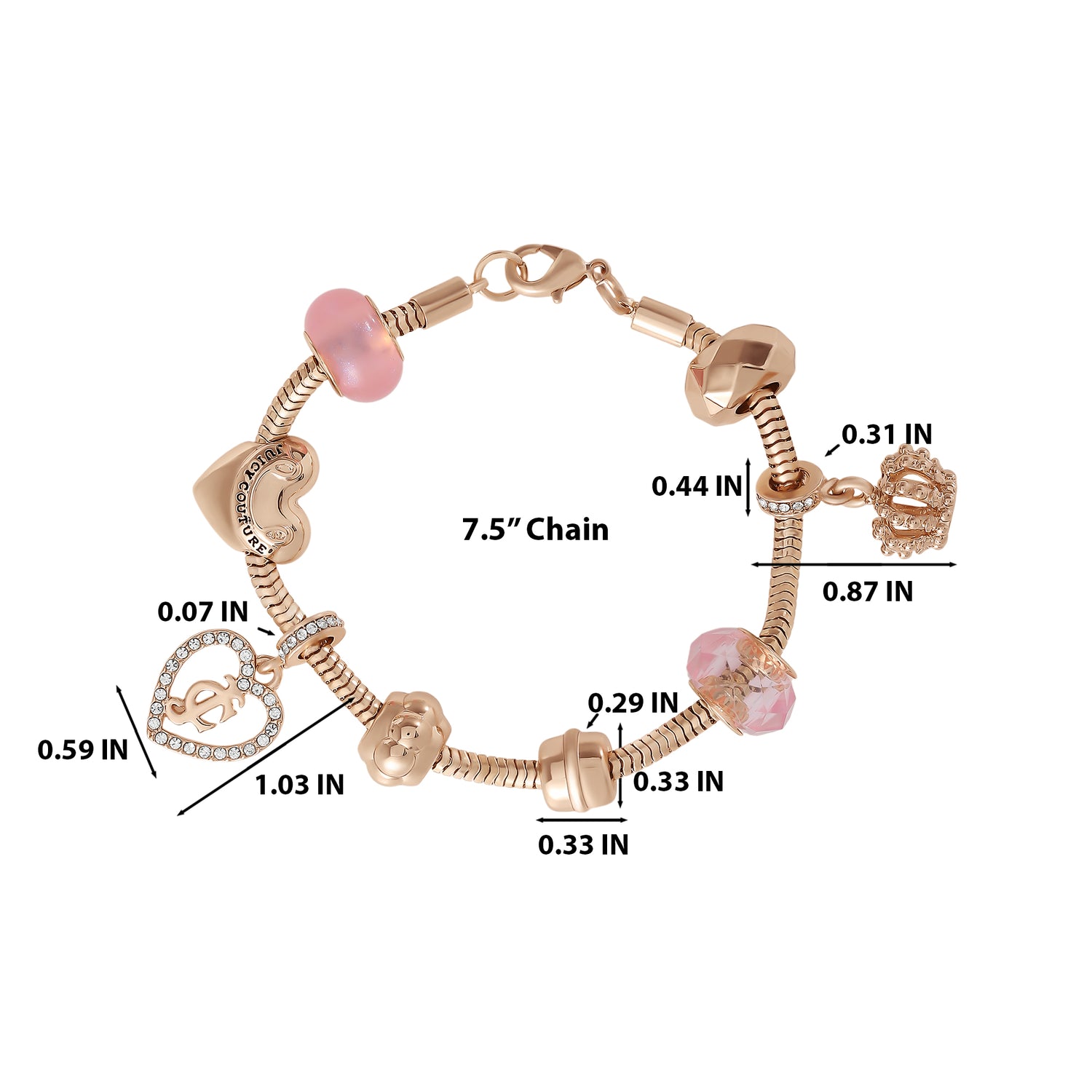 Juicy Couture Multi‑Charm Beaded Chain Bracelet, Gold‑Tone with Pink Accents
