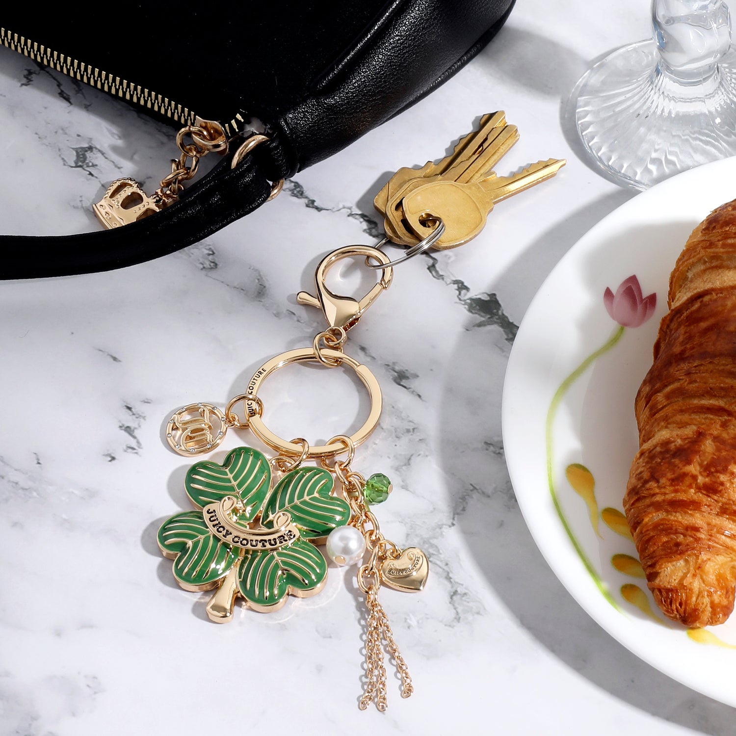 Juicy Couture Lucky Clover Keychains for Women, Cute Keychain with Logo Charm and Faux Pearl Accent