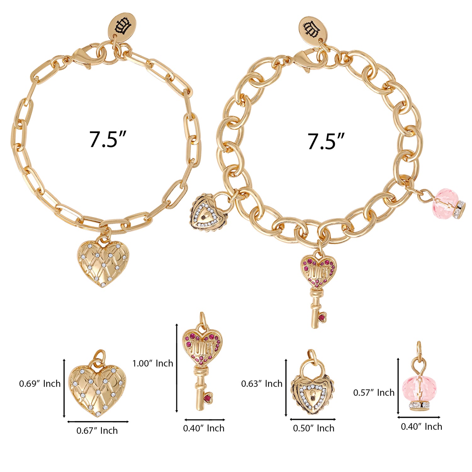 Juicy Couture Charm Bracelet Set with Heart and Key Charms - 7.5''