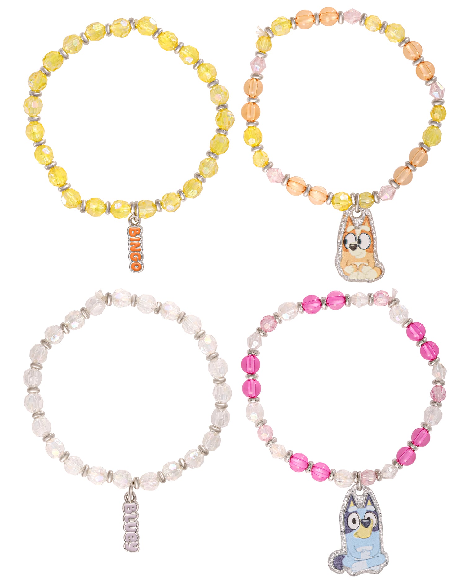 Bluey Beaded Bracelet Set, 4-Pack, Character Charms, Adjustable Stretch