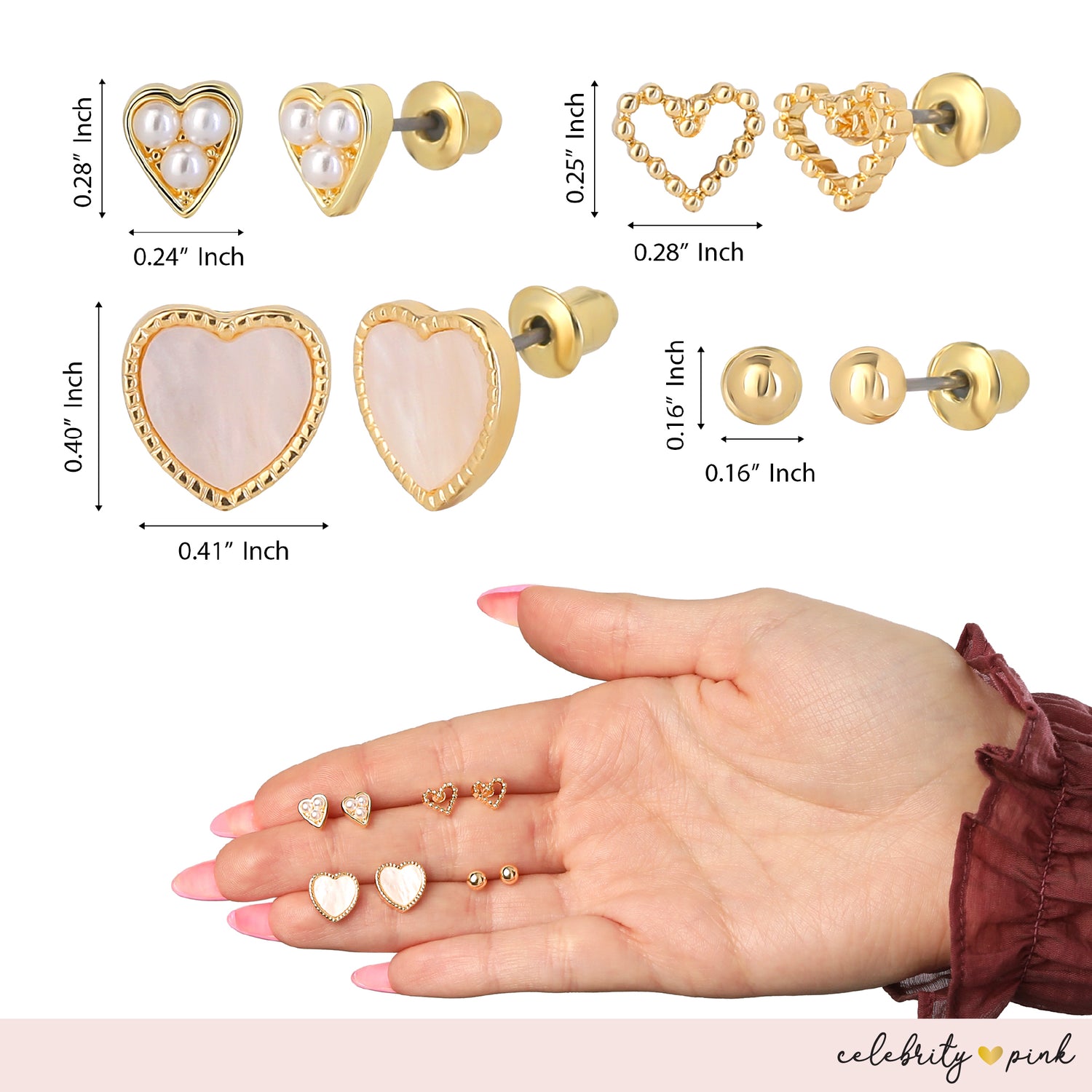 Celebrity Pink Gold-Tone Heart Stud Earrings and Huggie Hoops Pack of 6 | 6-Pack, Gold Heart Earrings, Faux Pearl Accents, Faux Pearl Accents