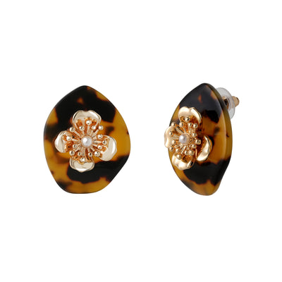Jessica Simpson Leopard Acrylic Flower Stud Earrings, Gold-Tone Flower Earrings for Women