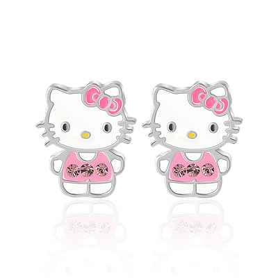 Radiant Brass Silver-Plated Hello Kitty Stud Earrings with Light Pink Crystals