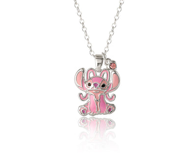 Disney Angel Brass Flash Silver Plated & Pink Crystal Pendant, 16"+2" Chain
