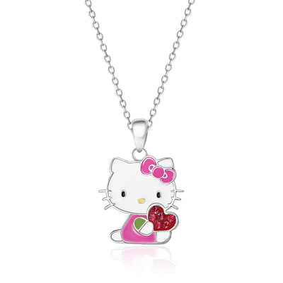 Hello Kitty Pendant with Chain: Elegant Brass Silver-flash plated Design adorned with Enamel and Radiant Red Crystals